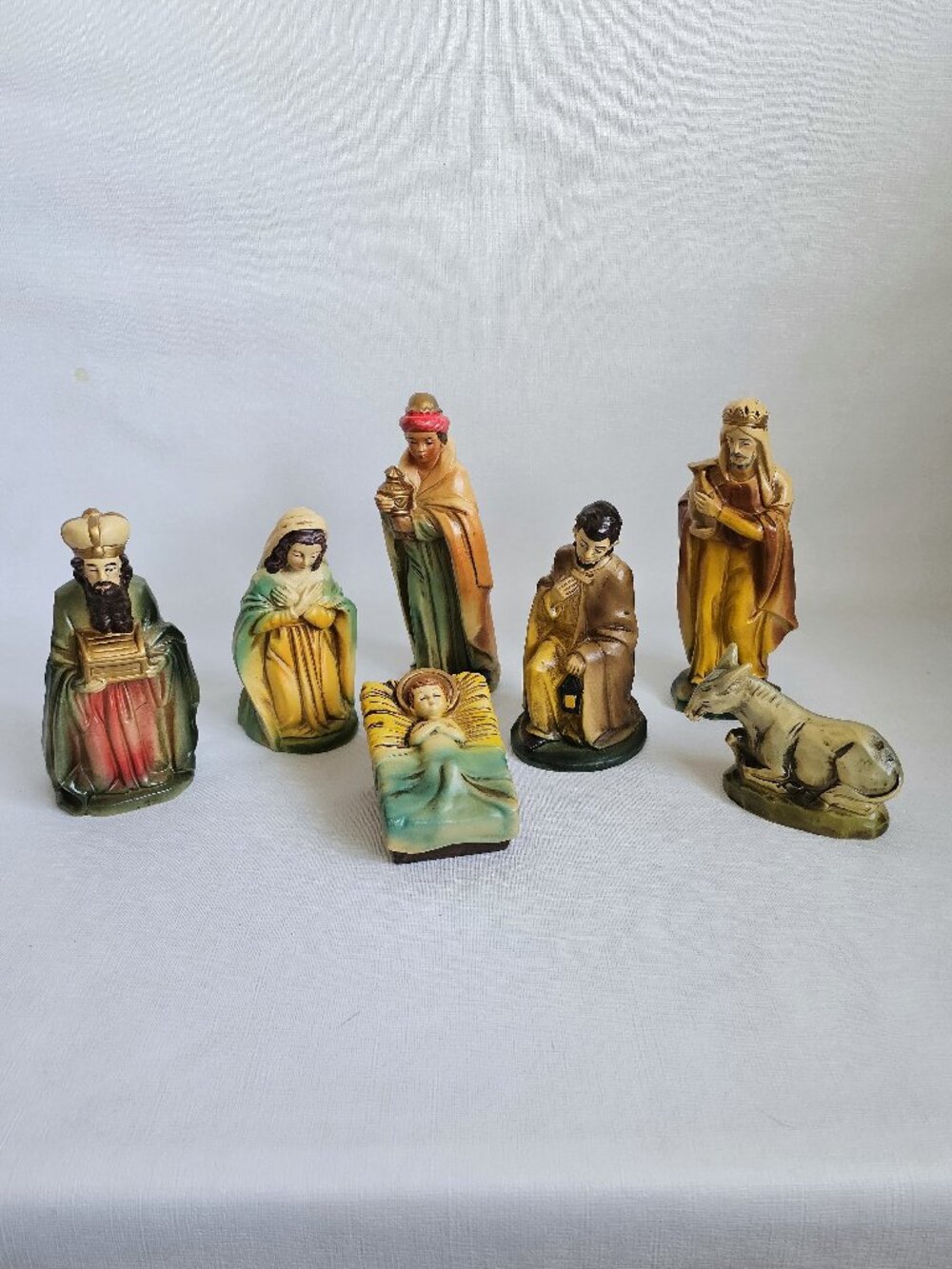 Nativity Scene, Vintage Paper Mache Manger with Figurines, Holy Family, Stable